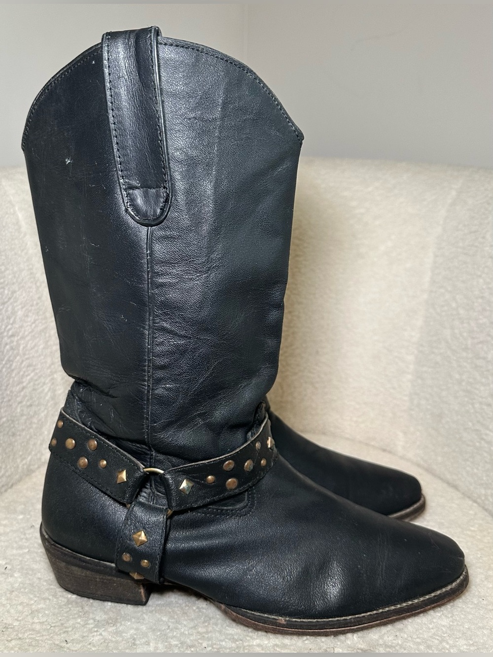 Roper Black Leather Studded Harness Cowboy Cowgirl Moto Boots Indie Bohemian 8.5
